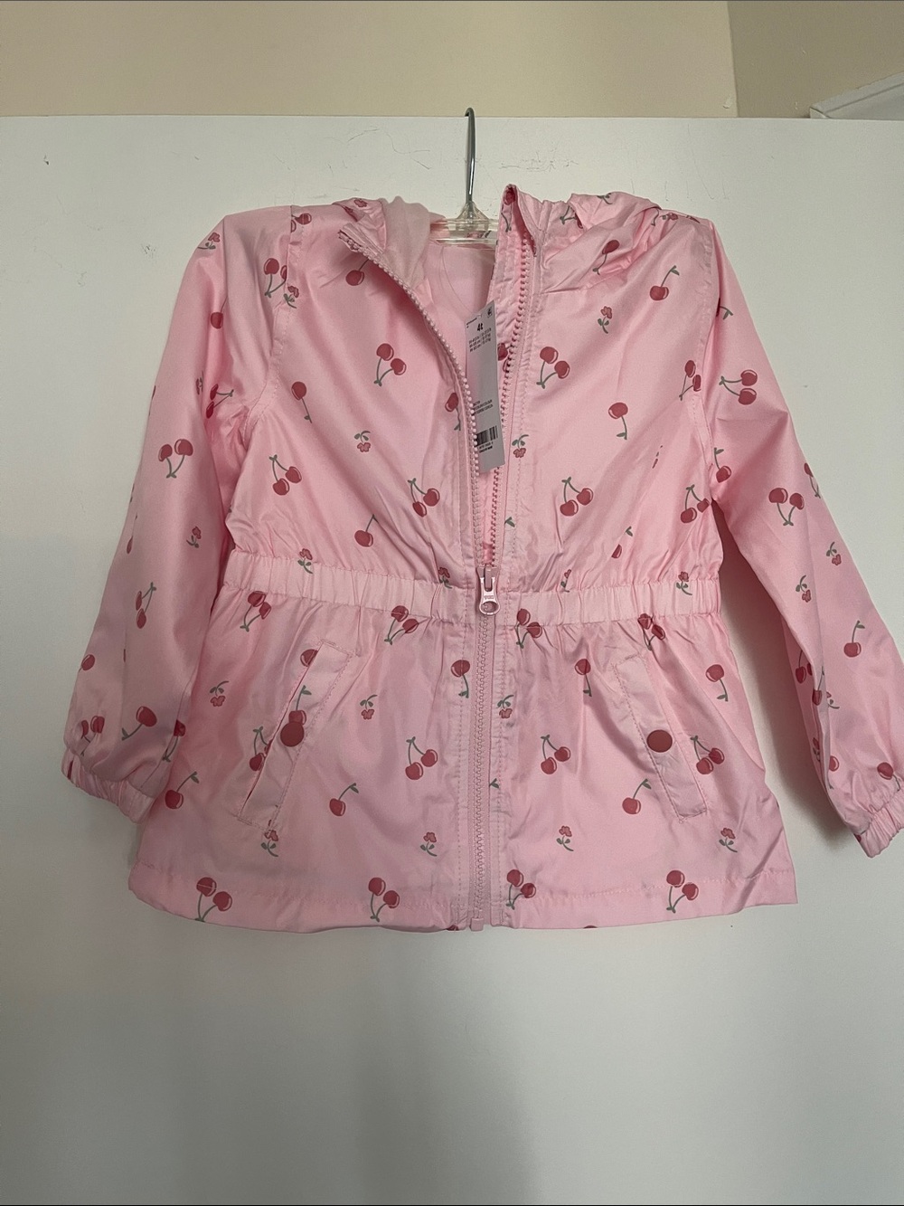 Pink Cherry-Print Hooded Girls' wind breaker jacket/ rain jacket